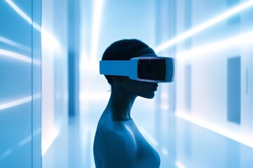 Caucasian female exploring futuristic virtual reality experience