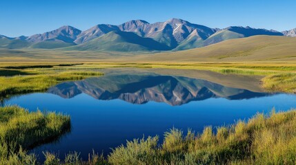 Naklejka premium Serene Mountain Landscape Reflecting in Calm Water Under Clear Blue Sky