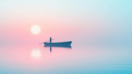Serene sunrise over calm waters with a solitary rower in a boat against a pastel sky