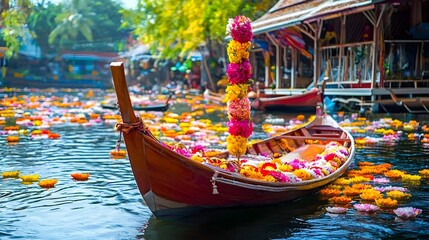 Obraz premium Vibrant Traditional Thai Boat Floating on a River Filled with Colorful Floating Floral the Rich Cultural Heritage and Serene Landscape of Thailand