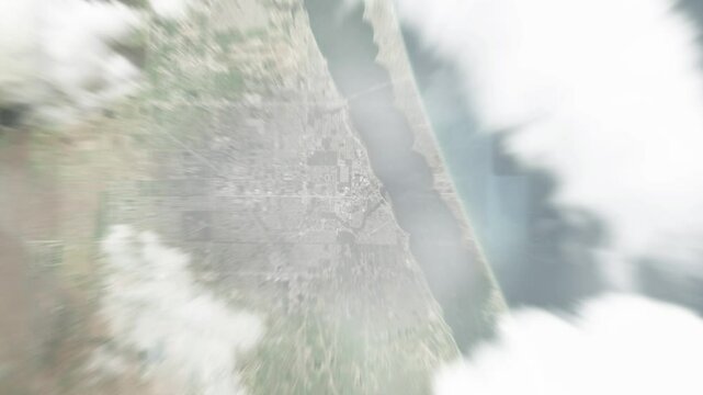 Earth zoom in from space to Palm Bay, Florida, USA. Followed by zoom out through clouds and atmosphere into space. Satellite view. Travel intro. Images from NASA