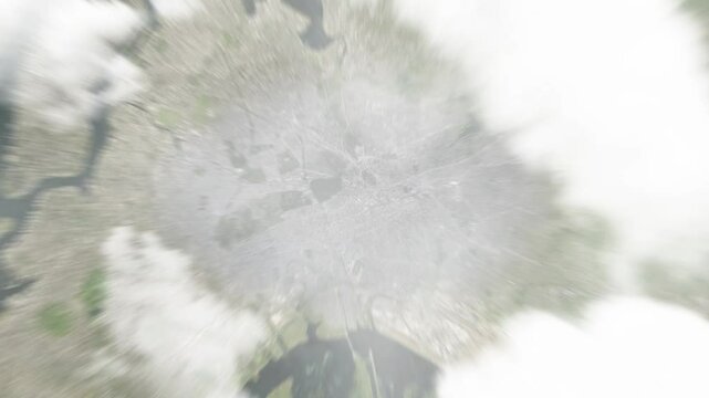 Earth zoom in from space to Richmond Hill, New York, USA. Followed by zoom out through clouds and atmosphere into space. Satellite view. Travel intro. Images from NASA