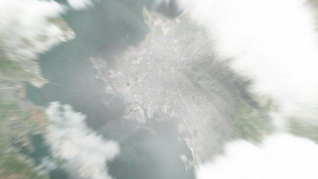 Earth zoom in from space to Richmond, California, USA. Followed by zoom out through clouds and atmosphere into space. Satellite view. Travel intro. Images from NASA