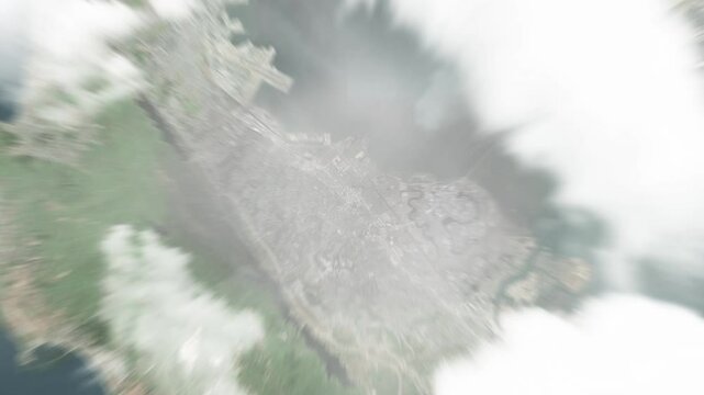 Earth zoom in from space to San Mateo, California, USA. Followed by zoom out through clouds and atmosphere into space. Satellite view. Travel intro. Images from NASA