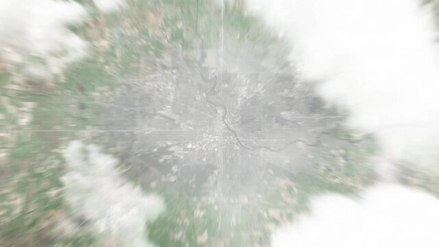 Earth zoom in from space to South Bend, Indiana, USA. Followed by zoom out through clouds and atmosphere into space. Satellite view. Travel intro. Images from NASA