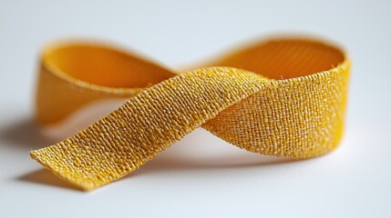 Yellow fabric ribbon, infinity loop, white background, texture detail, craft design
