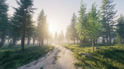 Fototapeta premium Serene forest pathway illuminated by soft sunlight with mist, surrounded by lush greenery