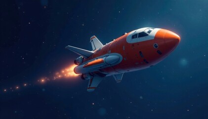 Spacecraft with orange fuselage and white accents against starry night sky, night, space