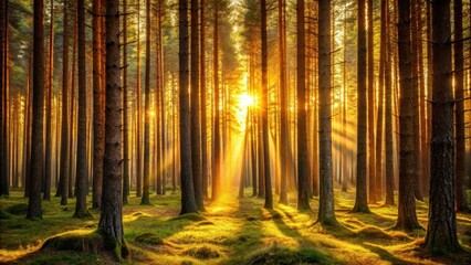 Obraz premium Dense boreal forest canopy and twisted tree trunks stretched out in every direction, with sunlight filtering through the dense leaves in a warm, golden hue , trees, boreal