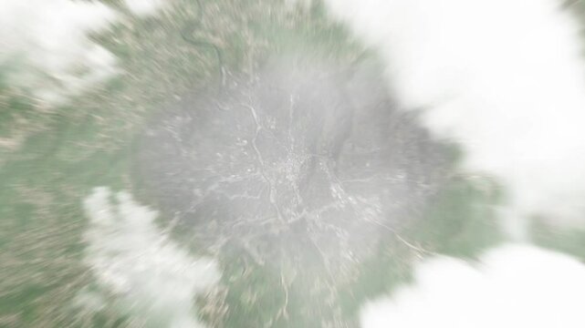 Earth zoom in from space to Asheville, North Carolina, USA. Followed by zoom out through clouds and atmosphere into space. Satellite view. Travel intro. Images from NASA