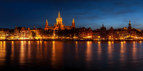 Cityscape at Night Reflects Beautifully on the Water with Illuminated Buildings and Boats