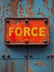 Industrial Signage Showcasing the Word 'Force' with Weathered Texture and Bold Typography on a Rusted Metal Background