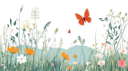 Vibrant Wildflowers and Butterflies in a Serene Natural Setting