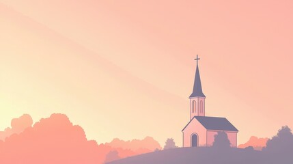 Fototapeta premium Serene Sunset Over a Charming Hilltop Church in Soft Pastel Colors