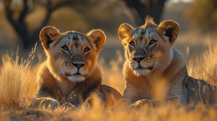 Obraz premium Two lions are sitting in the tall grass looking at the camera during the golden hour