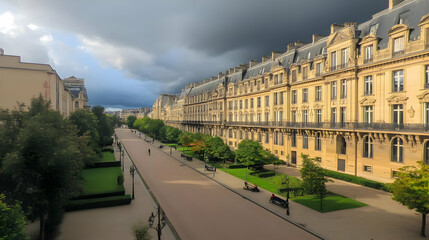 Elegant Buildings Line a Picturesque Street with Lush Greenery and Benches Under a Dramatic Sky