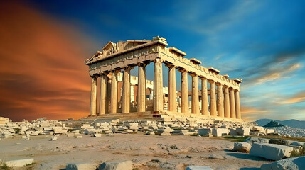 Obraz premium Ancient Temple Ruins Stand Majestically Against a Vibrant Sunset Sky with Scattered Debris