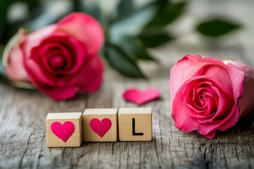 Fototapeta premium Romantic love letters with pink roses on rustic wood