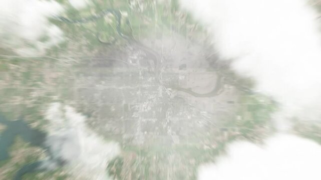 Earth zoom in from space to Lawrence, Kansas, USA. Followed by zoom out through clouds and atmosphere into space. Satellite view. Travel intro. Images from NASA