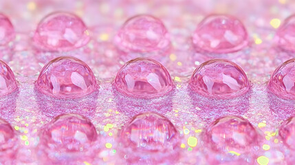 Pink Water Droplets Rest on a Glittery Surface, Creating a Dreamlike and Textured Abstract Background.