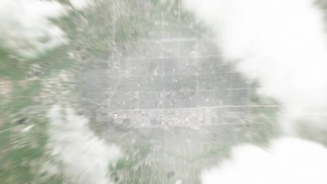 Earth zoom in from space to Livonia, Michigan, USA. Followed by zoom out through clouds and atmosphere into space. Satellite view. Travel intro. Images from NASA