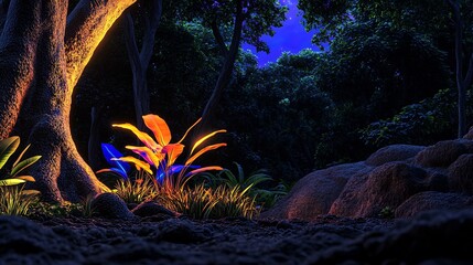 Vibrant tropical plant illuminated at night amidst lush forest with glowing foliage and shadows
