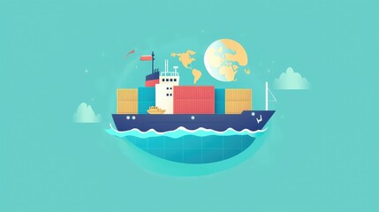 Obraz premium Colorful Container Ship with World Map and Ocean Background