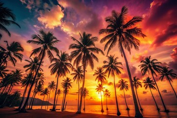 Obraz premium Vintage Sunset Tropical Beach: Golden Hour Paradise