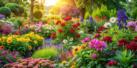 Lush colorful flowers in a vibrant flower bed amidst lush greenery and foliage in a backyard garden with a serene atmosphere , peaceful, botanicals