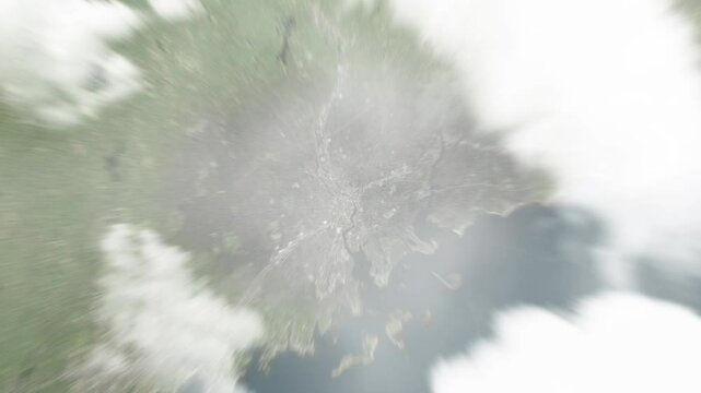 Earth zoom in from space to Norwalk, Connecticut, USA. Followed by zoom out through clouds and atmosphere into space. Satellite view. Travel intro. Images from NASA