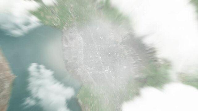 Earth zoom in from space to Orem, Utah, USA. Followed by zoom out through clouds and atmosphere into space. Satellite view. Travel intro. Images from NASA