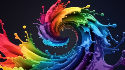 Obraz premium A vibrant swirl of colorful paint splashes in a mesmerizing spiral, showcasing a spectrum of bright hues against a dark background.