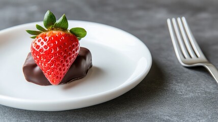 Strawberry coated in dark chocolate on white plate