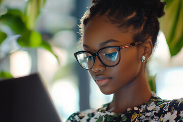Young woman reading in a cozy indoor setting with greenery