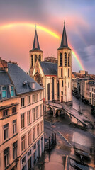 Fototapeta premium Rainbow Arcs Gracefully Over Historic Church in a Quaint European City at Sunset