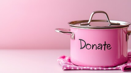 Pink donation pot on checkered cloth, against pink background