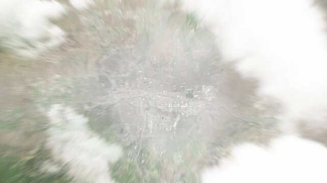 Earth zoom in from space to Sparks, Nevada, USA. Followed by zoom out through clouds and atmosphere into space. Satellite view. Travel intro. Images from NASA