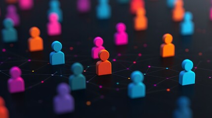 Abstract glowing visualization of segmented audiences with dynamic paths connecting vibrant persona icons to detailed trend graphs and data insights
