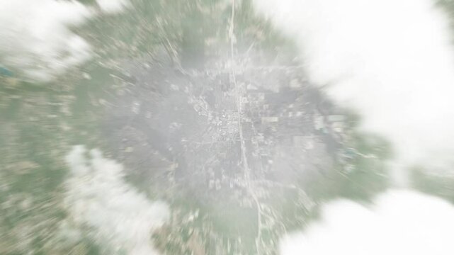 Earth zoom in from space to The Woodlands, Texas, USA. Followed by zoom out through clouds and atmosphere into space. Satellite view. Travel intro. Images from NASA