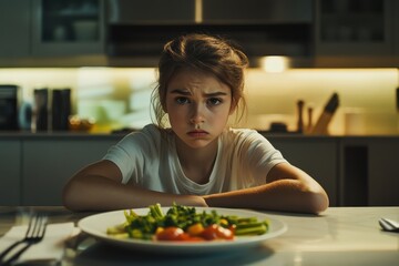 A sullen girl sits at a table with a plate of vegetables. Illustrates picky eating, childhood nutrition, or food aversion.