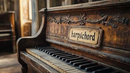 A Close-Up View of an Antique Harpsichord with Intricate Floral Carvings in a Sunlit Room Reflecting Historical Musical Elegance and Timeless Craftsmanship