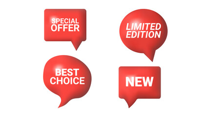 3D speech bubbles different shapes message icon. Red color with text. For social media advertising posters. Vector isolated set.