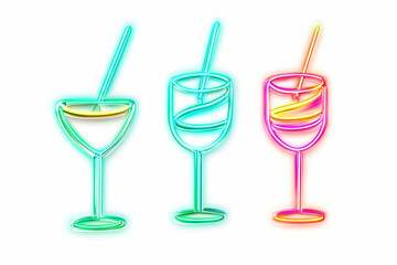 Three Neon Cocktail Glasses with Straws Glow Brightly on White Background