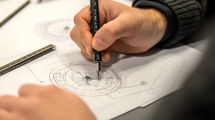 Close up of a student s hand sketching geometric circles using a compass and ruler on a sheet of paper demonstrating technical drawing skills and architectural planning