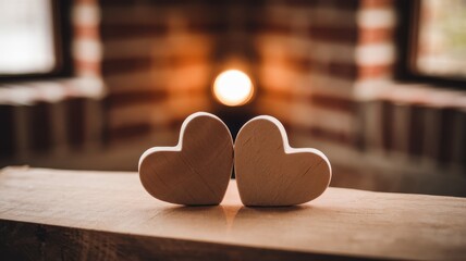 Two wooden heart shapes sit side by side on a wooden surface, glowing softly in warm light. A cozy ambiance fills the space.