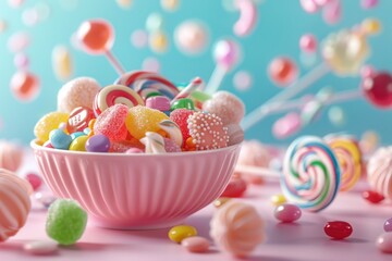 Colorful candy explosion in pastel bowl