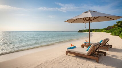 A serene beach scene featuring two sun loungers under a large umbrella, with tropical drinks placed on side tables, inviting relaxation and tranquility.