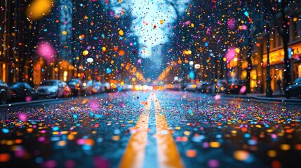 Colorful confetti showering a bustling city street at dusk, with vibrant lights and parked cars
