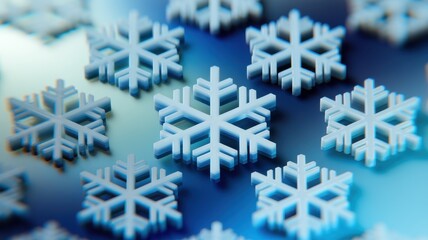 Artistic close-up of frosted blue snowflakes on a dark gradient background, creating a serene winter atmosphere.