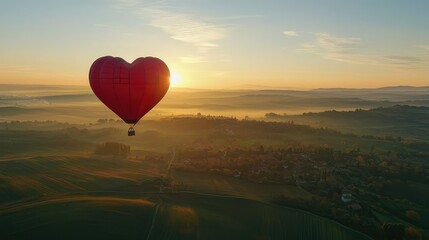 Fototapeta premium Heart-Shaped Hot Air Balloon Over Misty Countryside at Sunrise